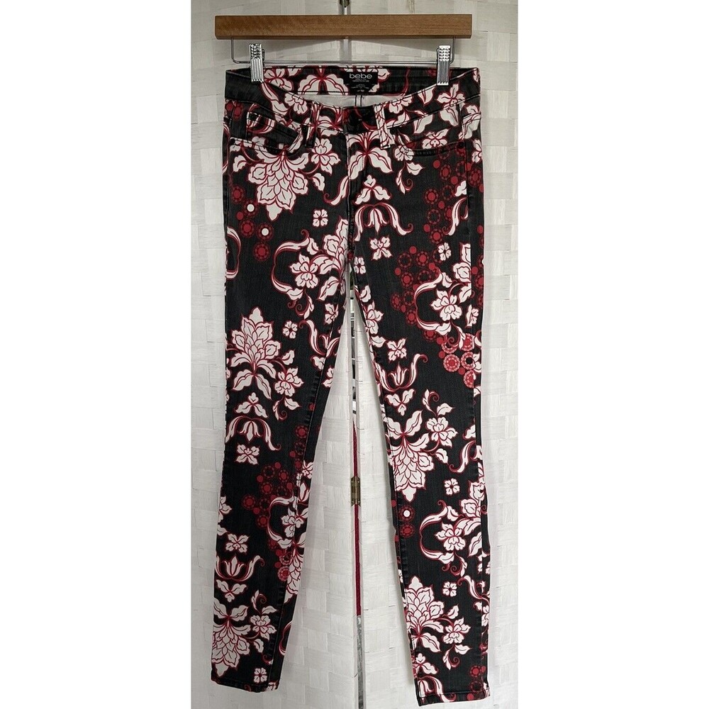 Bebe Retro Women’s Red White Black Floral Print Vintage Jeans Size 28
